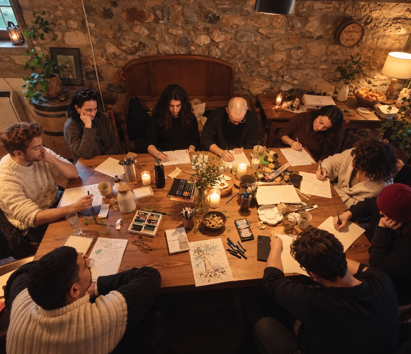Overhead view of a group writing and drawing around a candlelit table.